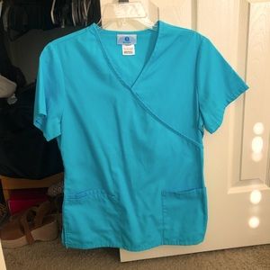 XS Sky Blue Scrub Top, Mock Wrap